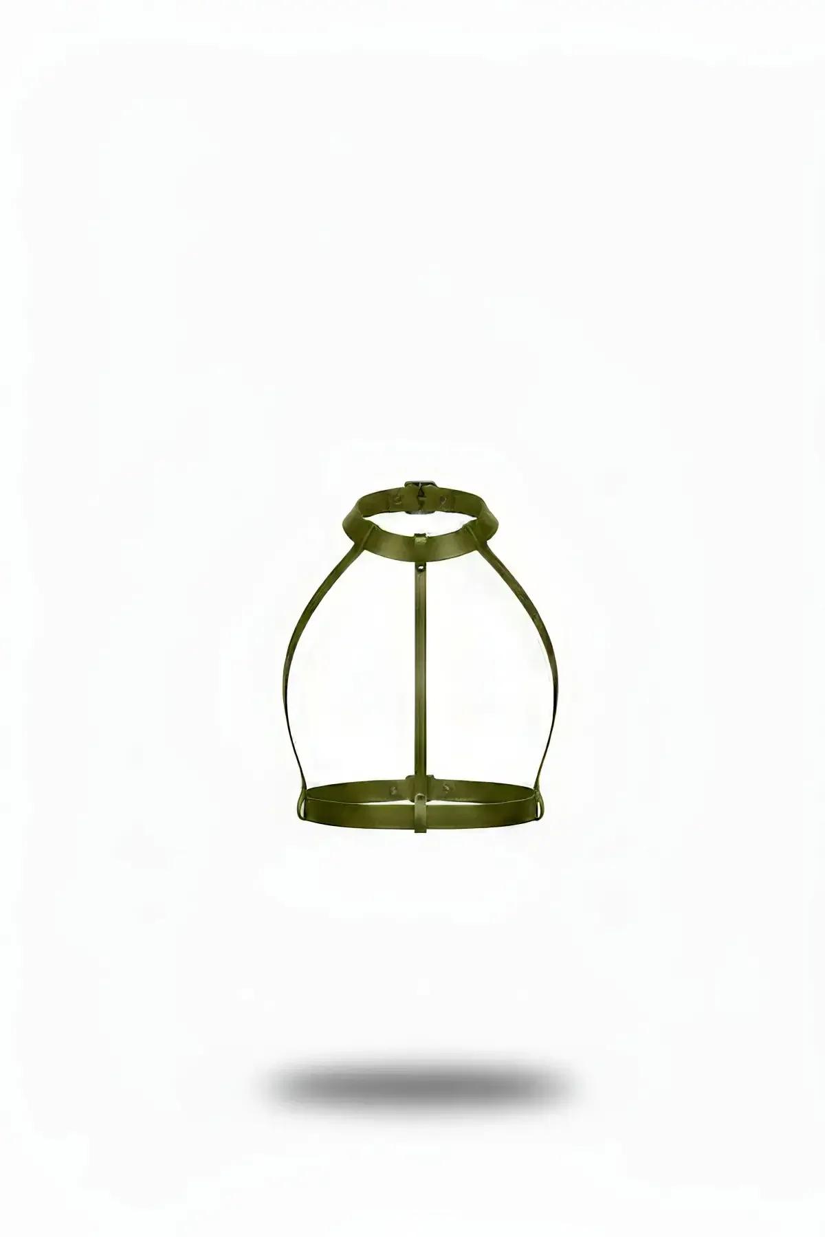 Khaki faux leather chest harness with choker collar, olive green cage strap design, dark metal buckle hardware