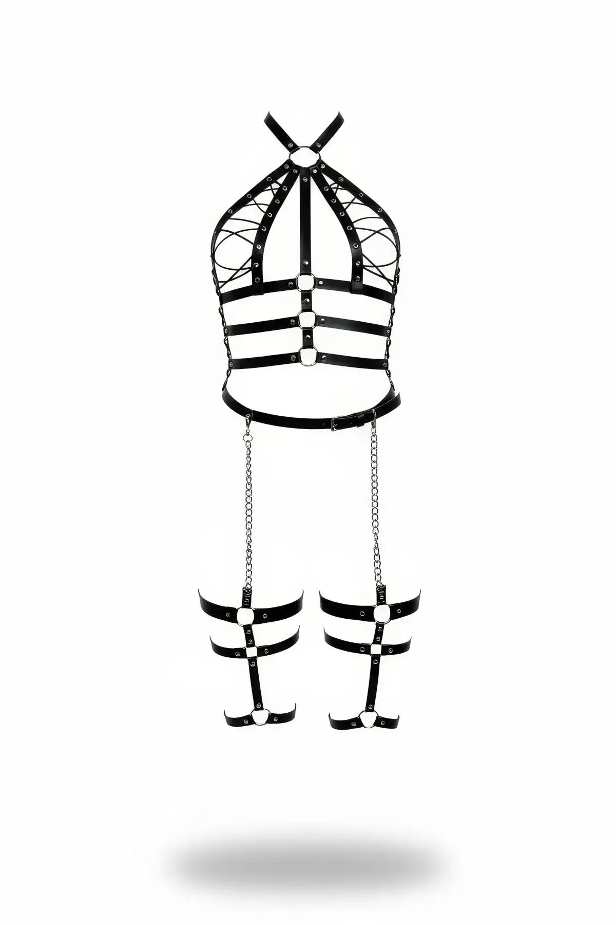 Siyah vegan deri jartiyer harness gümüş zincir detaylı boyundan bağlamalı bacak bantlı set