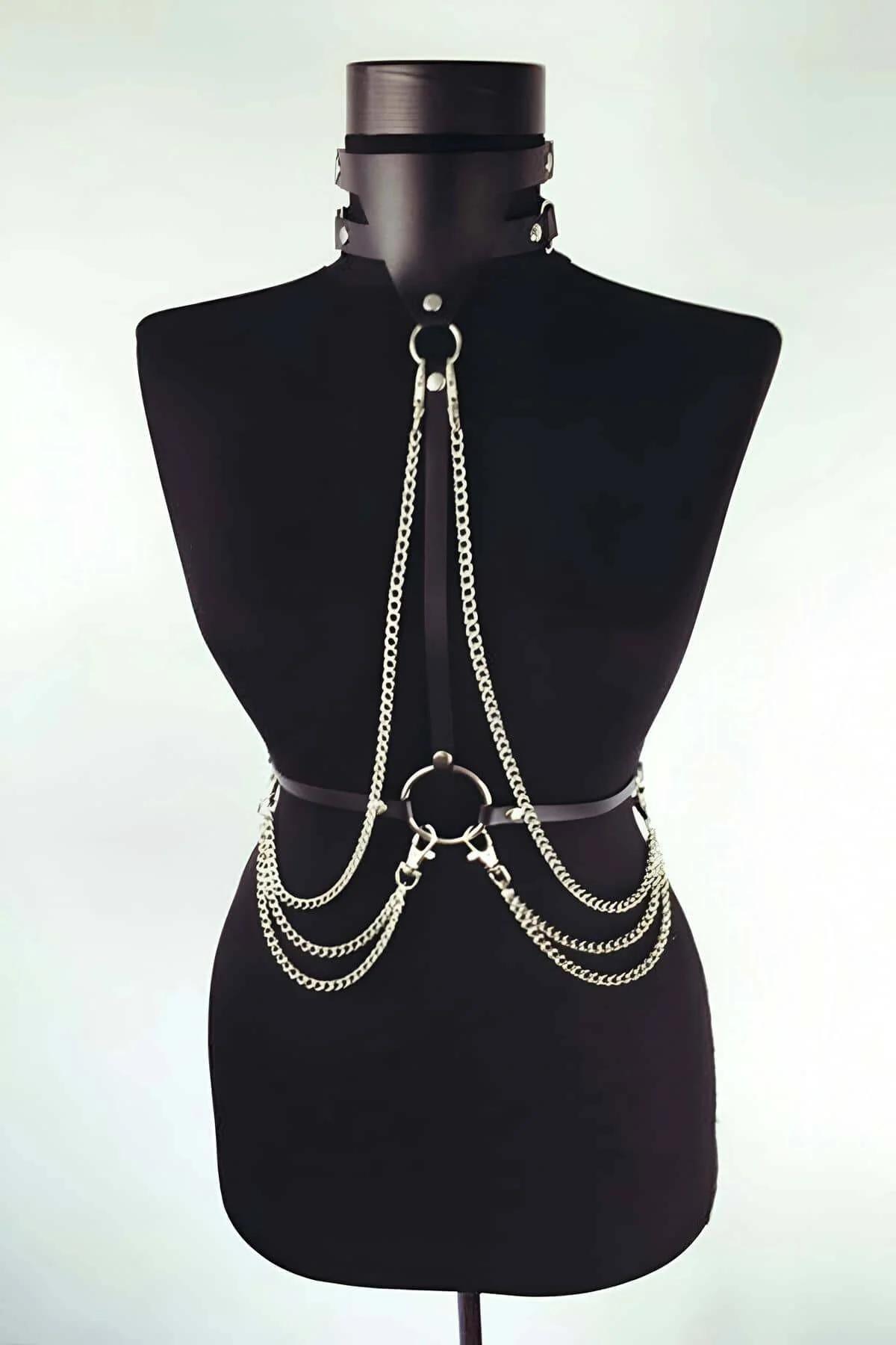 siyah suni deri choker zincirli göğüs harness gümüş O-ring dört sıra metal zincir bel bandı