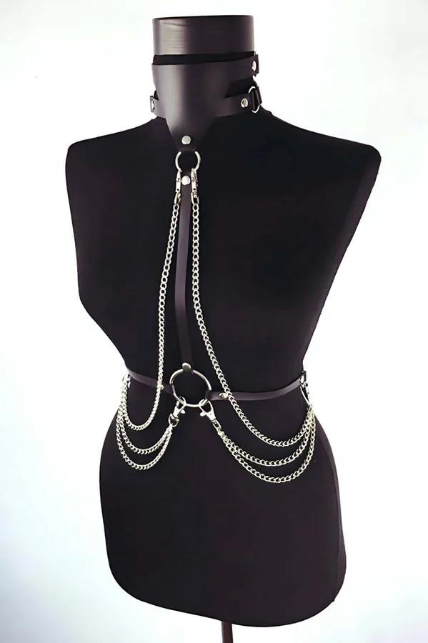 siyah suni deri choker zincirli göğüs harness gümüş O-ring dört sıra metal zincir bel bandı