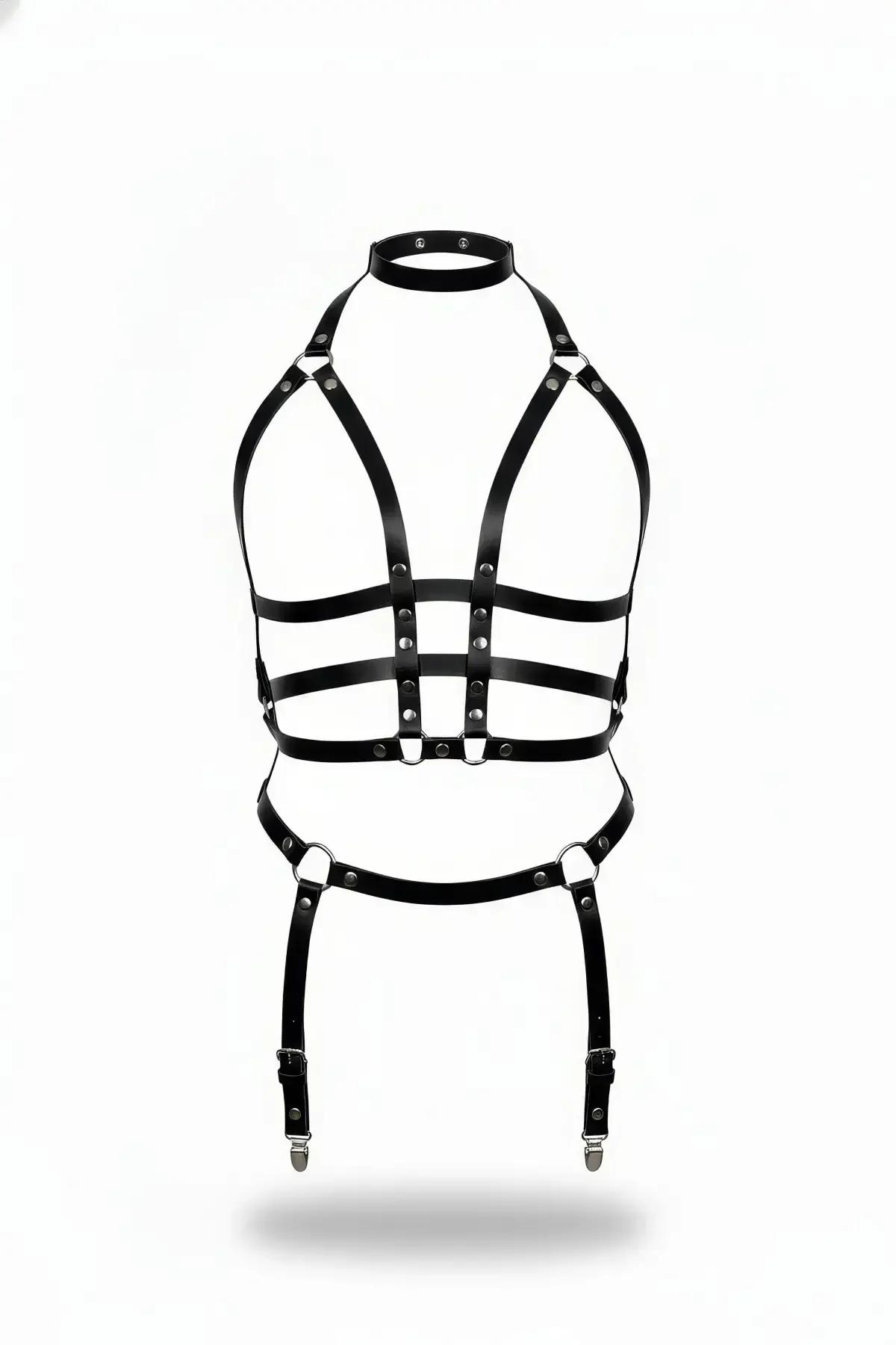 black faux leather full body harness with halter choker caged chest panel and silver garter clips front view