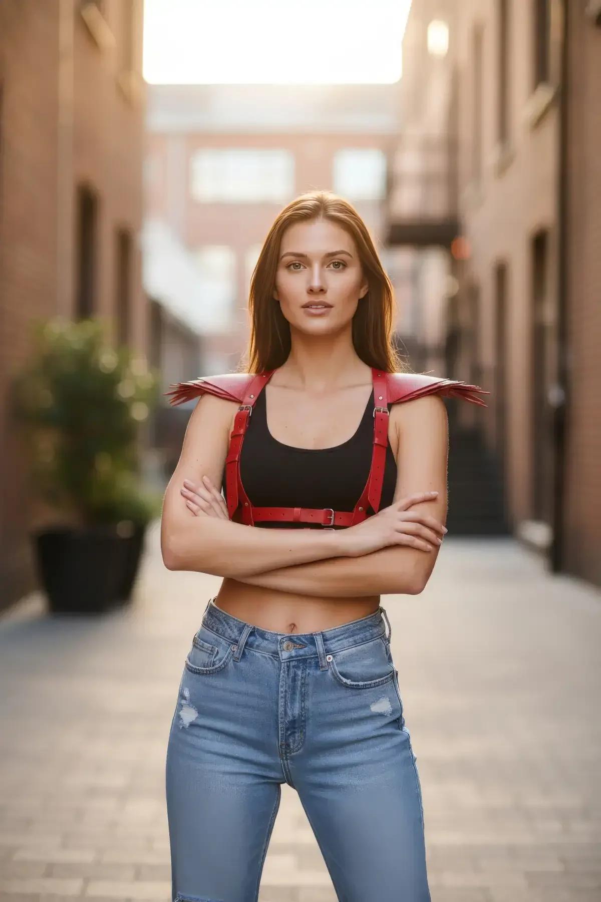 Red faux leather chest harness with angular shoulder armor panels and silver buckle worn over black crop top