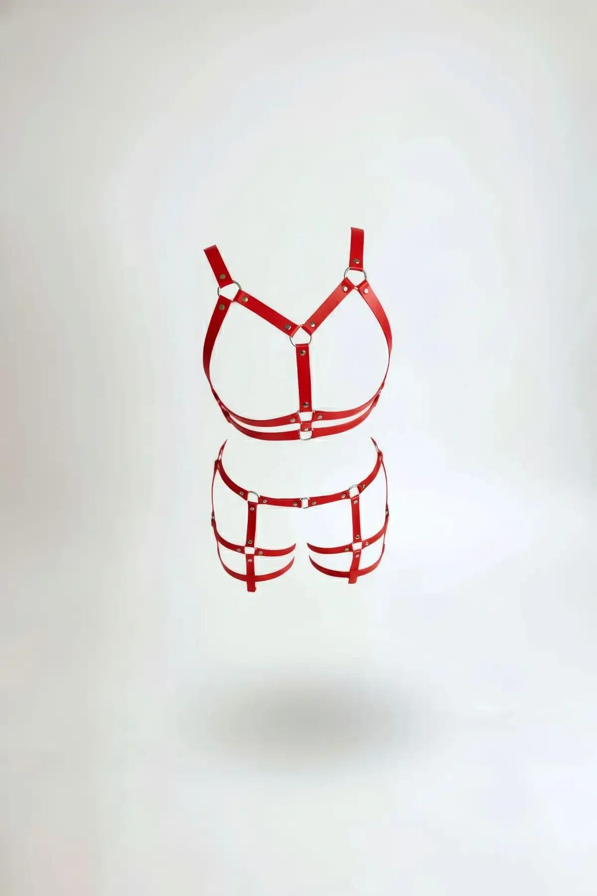 red faux leather body harness set with silver O-rings chest bra and garter cage straps on white background