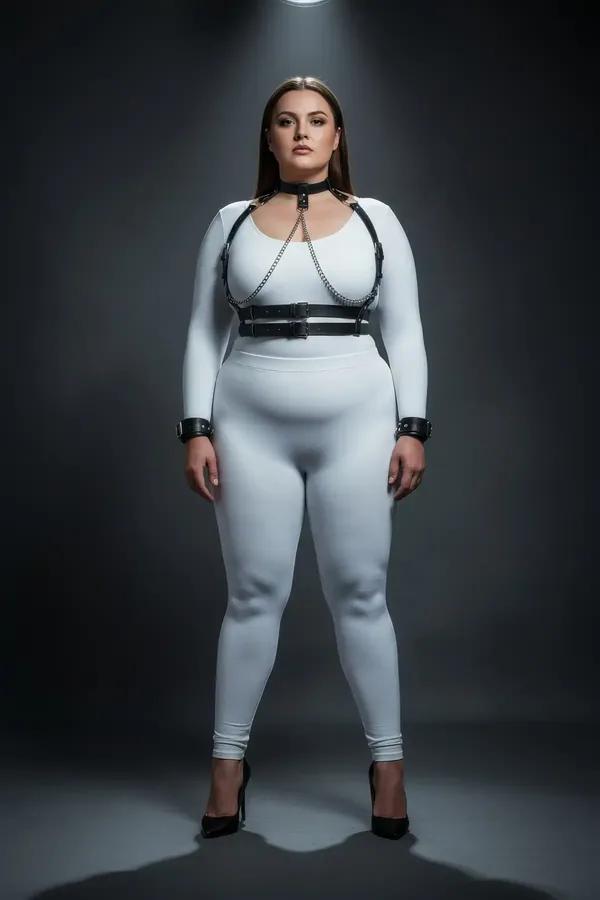 black vegan leather choker body harness with silver chain accents double buckle waistband and matching wrist cuffs worn over