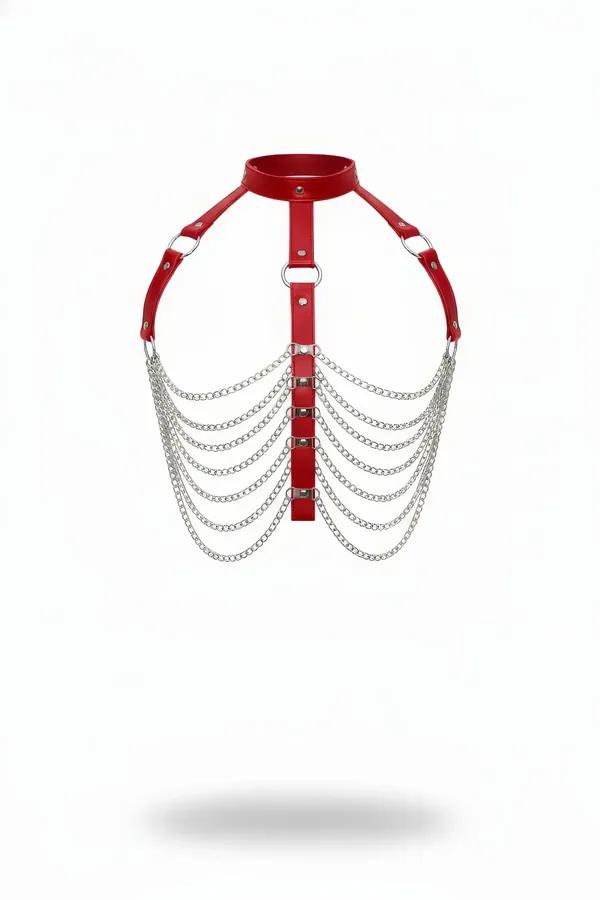 red vegan leather choker harness with seven draping silver chains and O-ring shoulder detail against white background