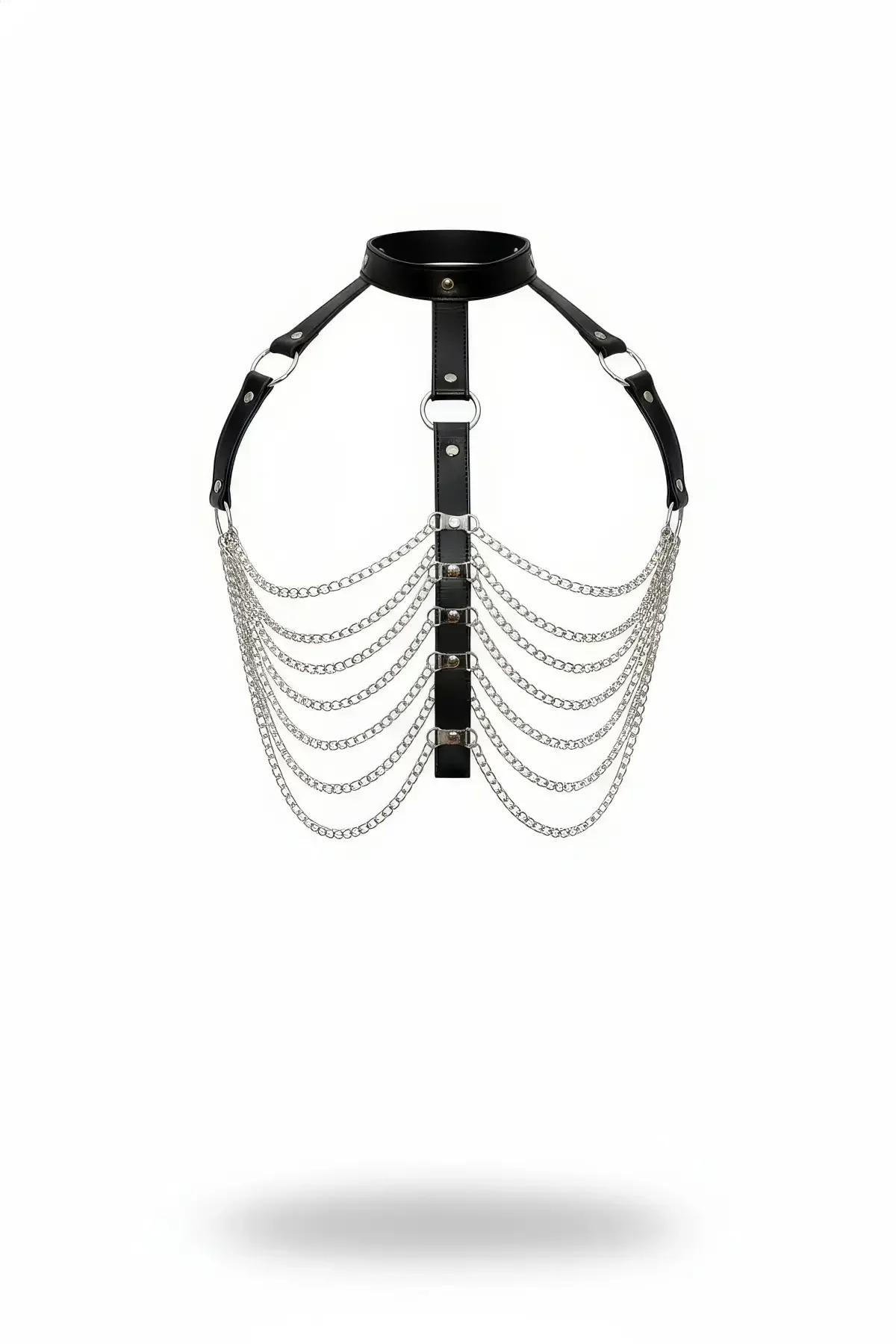 Black faux leather choker body harness with eight draped silver-tone chain rows across the chest and silver O-ring shoulder s