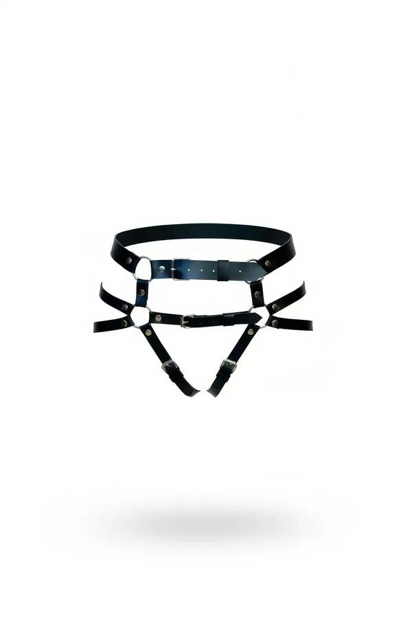 Black faux leather high-waist garter harness with silver O-rings and adjustable strap cage on white background