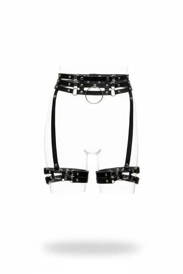 black studded faux leather waist harness with center O-ring and dual silver-buckle thigh garter cuffs