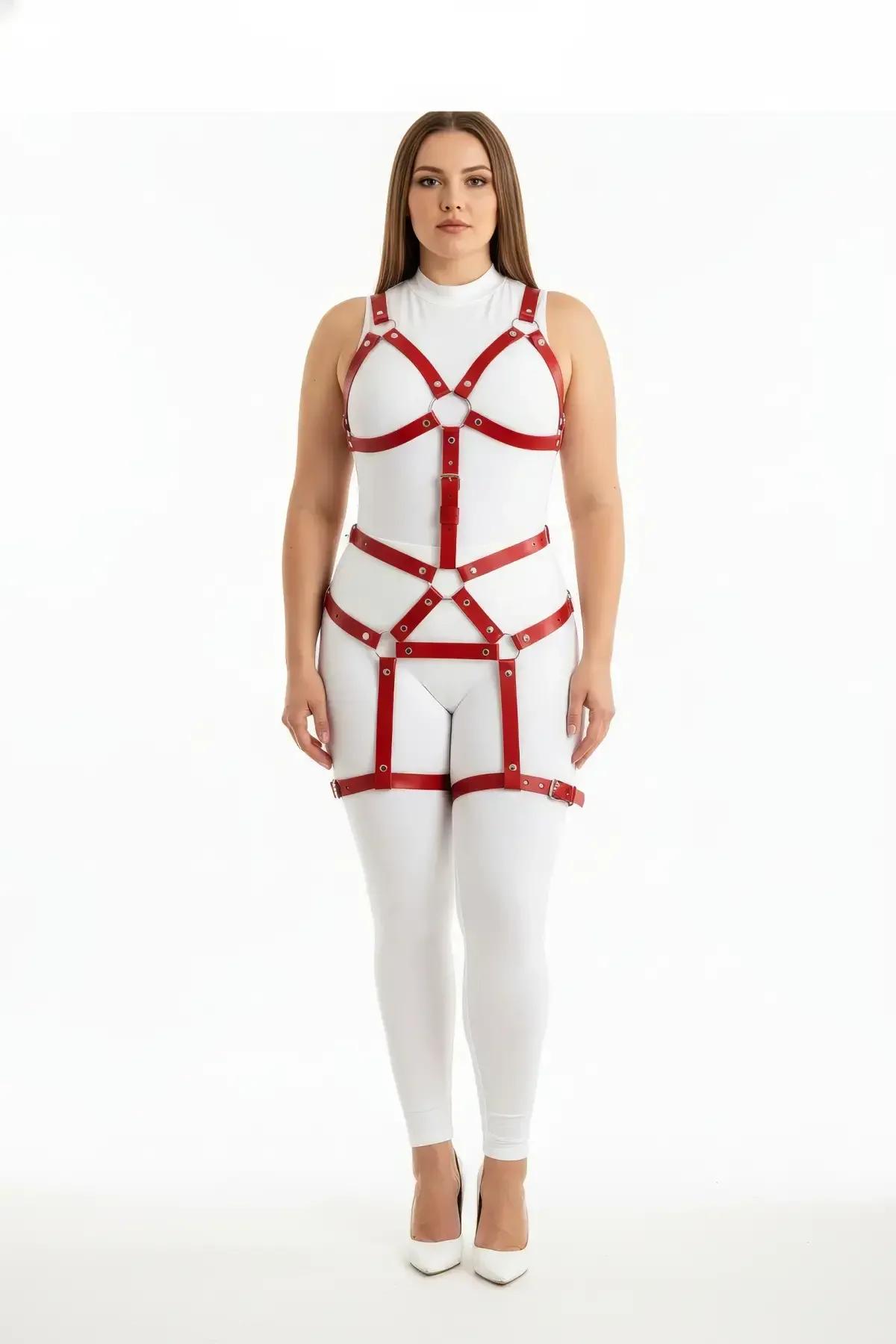Red faux leather full body cage harness with silver O-rings, X-cross waist panel, and adjustable thigh garter straps