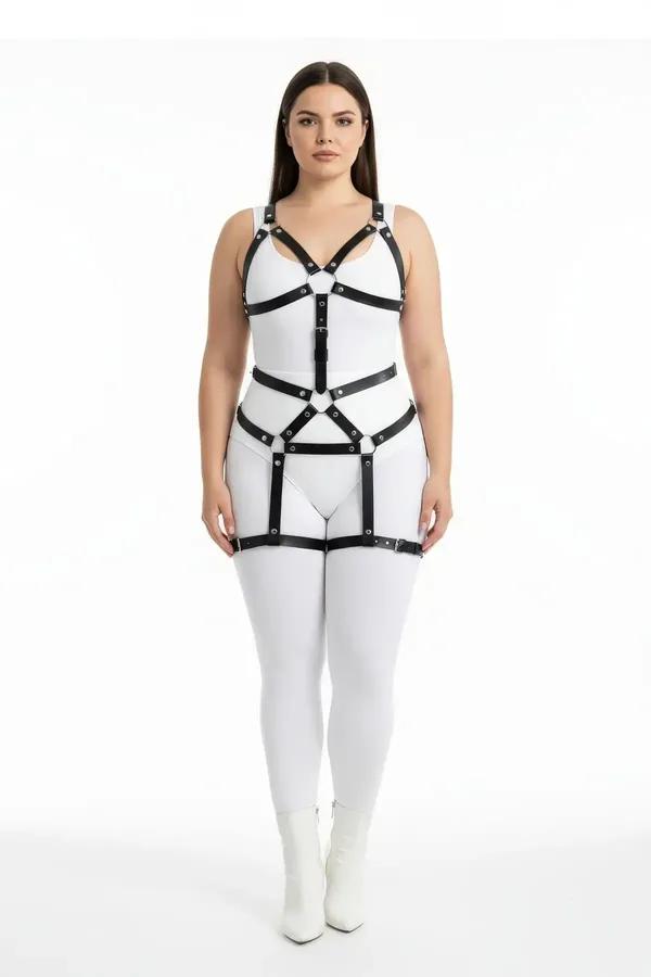 Plus size black faux leather full body harness with silver O-ring connectors and adjustable chest waist and thigh straps
