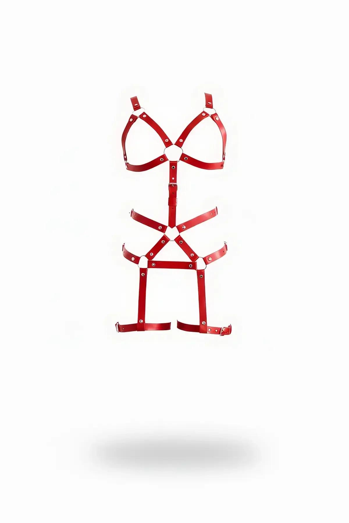 Red faux leather full body harness with triangular chest cage, O-rings, hip frame and thigh garter straps