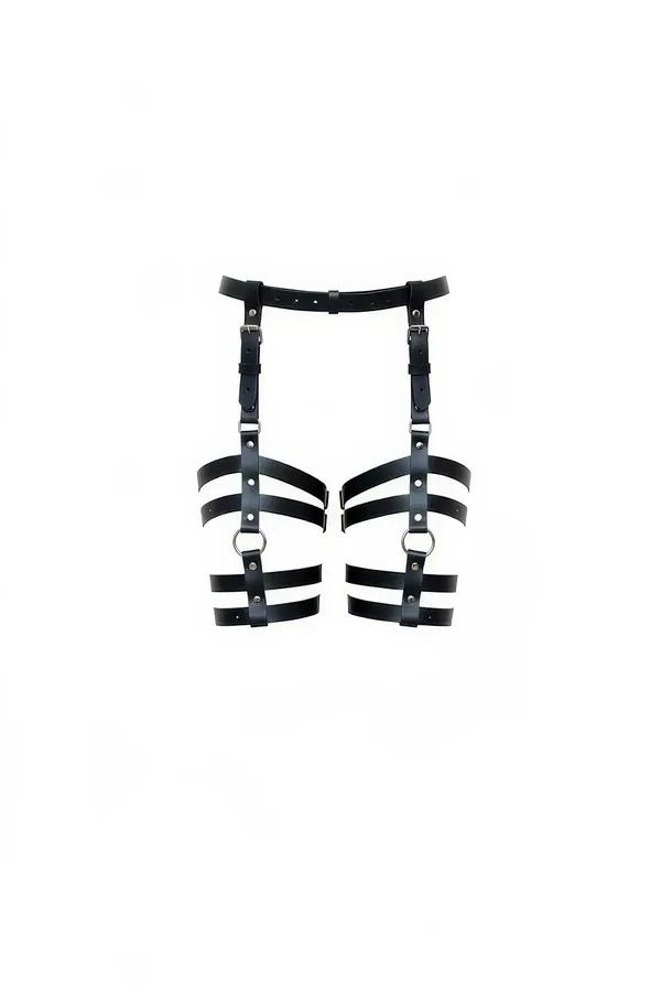 black faux leather multi-strap garter harness with three-band cage waist panel and silver D-rings front view