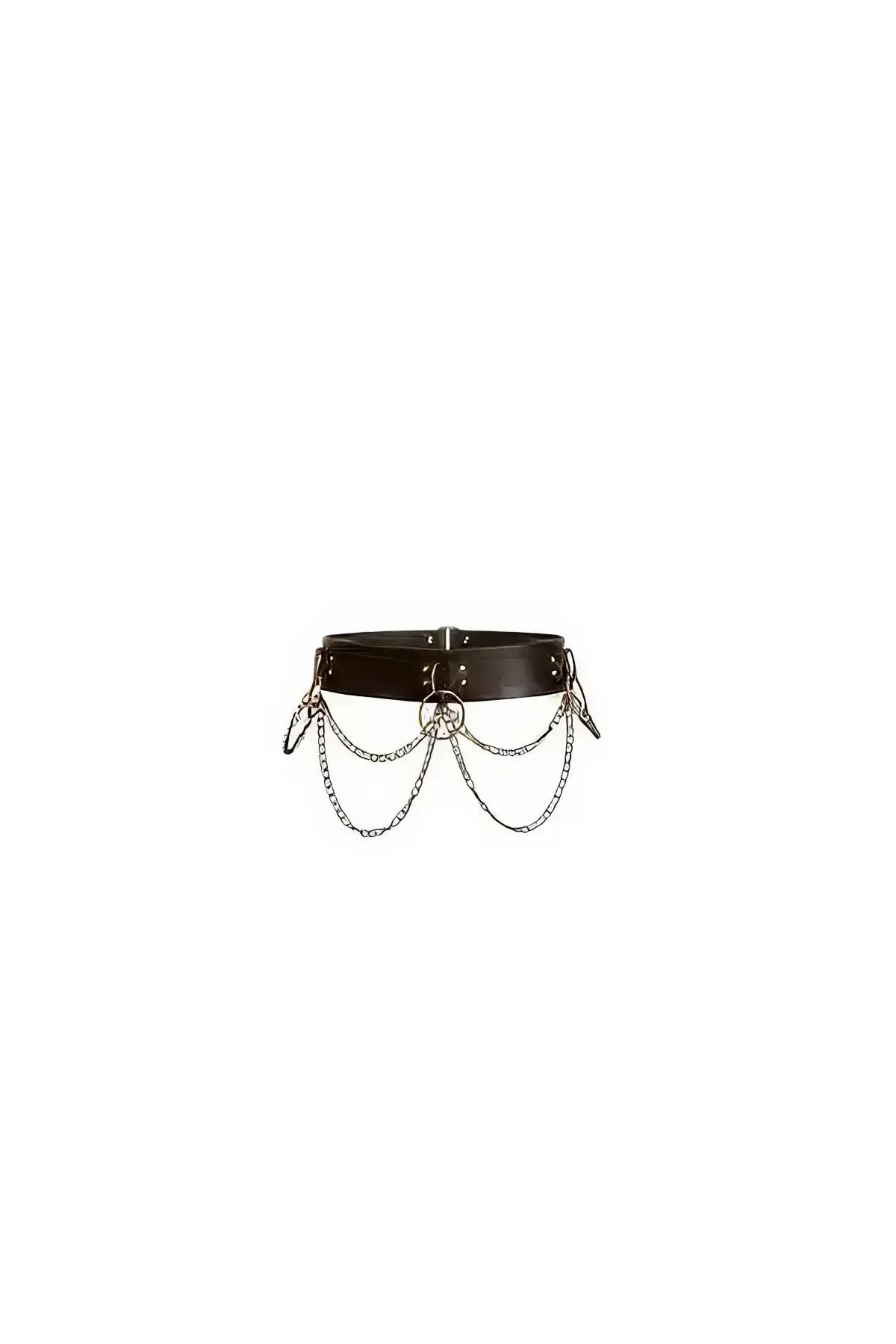 black faux leather wide waist belt with silver draped chain O-ring front detail