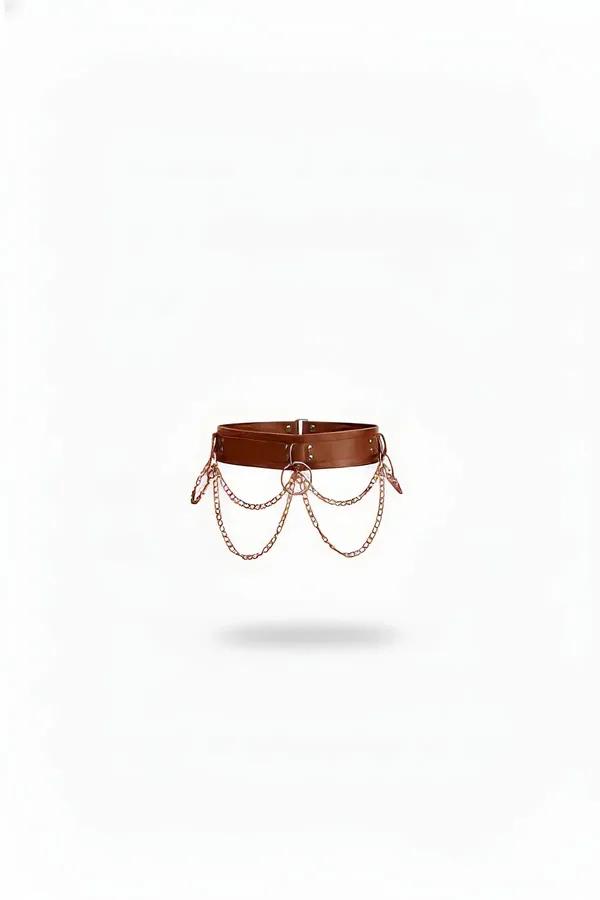 brown vegan leather waist harness with cascading rose gold chains and center O-ring