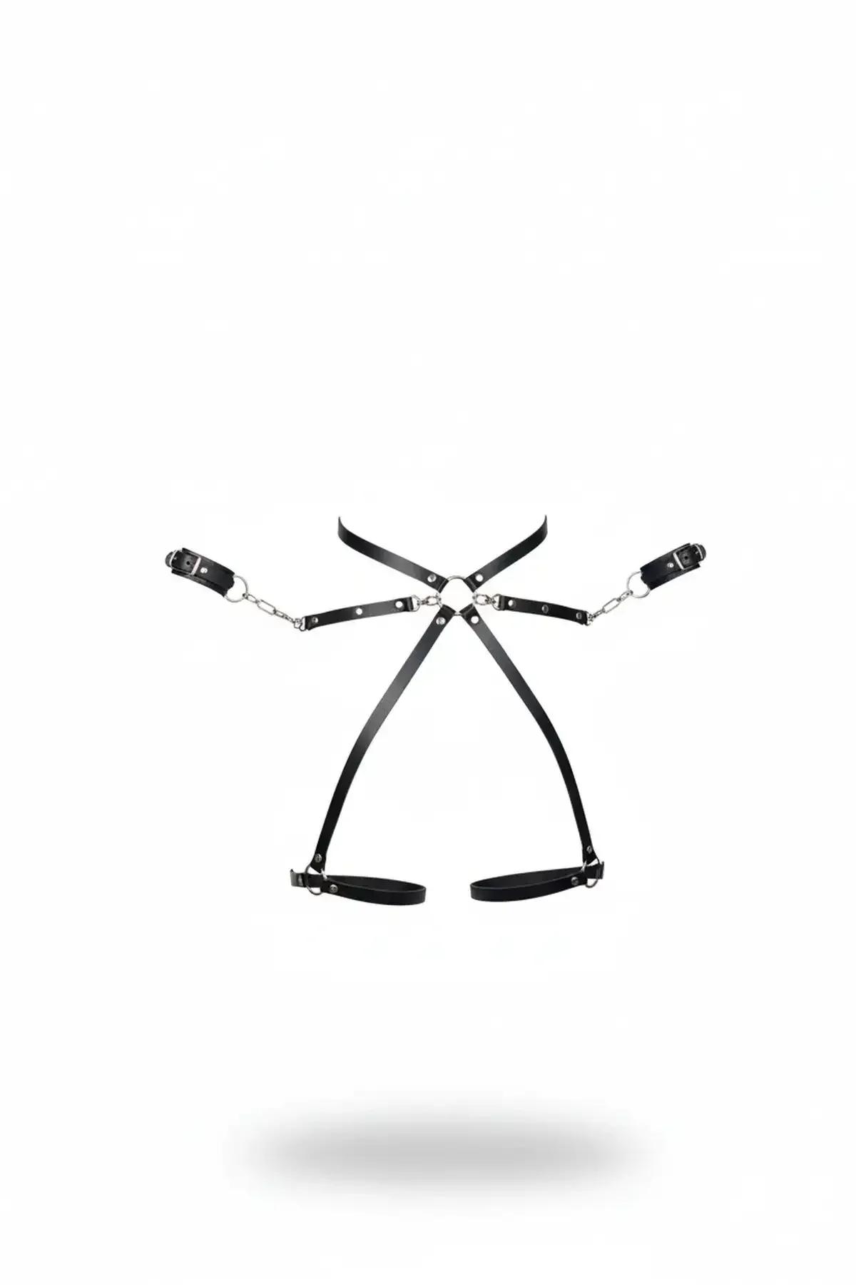 black faux leather full body harness with silver chain wrist cuffs X-cross chest straps and thigh bands