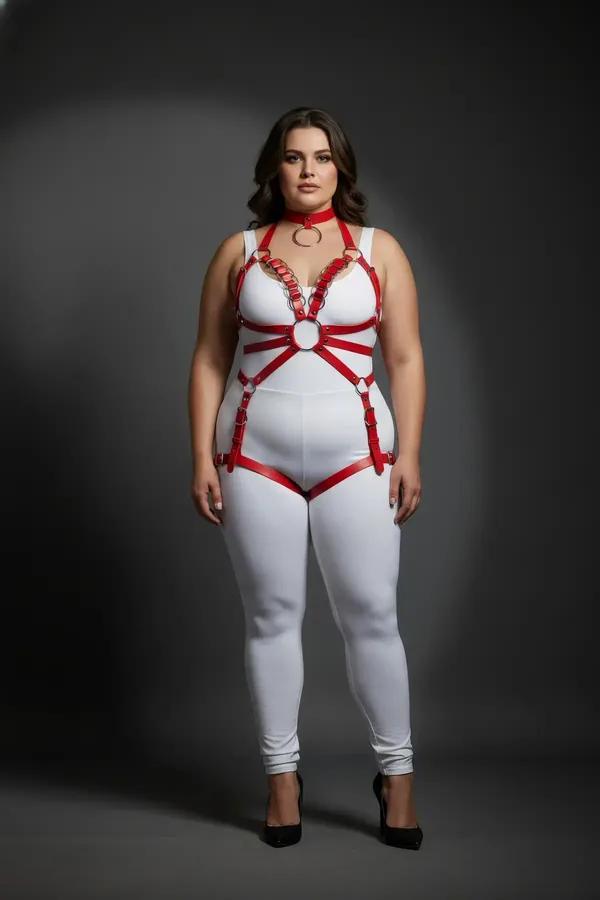 red faux leather full body harness with silver O-rings chest cage collar and hip straps worn over white bodysuit