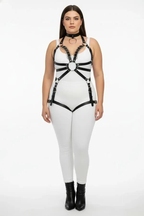 black faux leather full body harness with linked silver O-ring chest chain large bust ring and matching choker collar