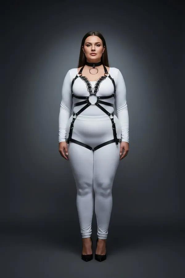 black faux leather full body harness with linked silver O-ring chest chain large bust ring and matching choker collar