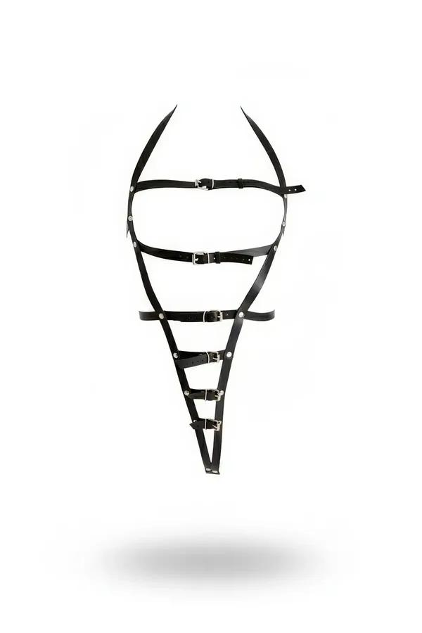 Siyah suni deri body harness çoklu gümüş tokalı göğüsten kalçaya tam vücut şerit aksesuarı