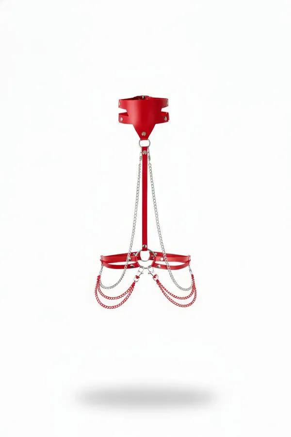 Red faux leather neck and underbust harness with draped silver and red chain loops, front view