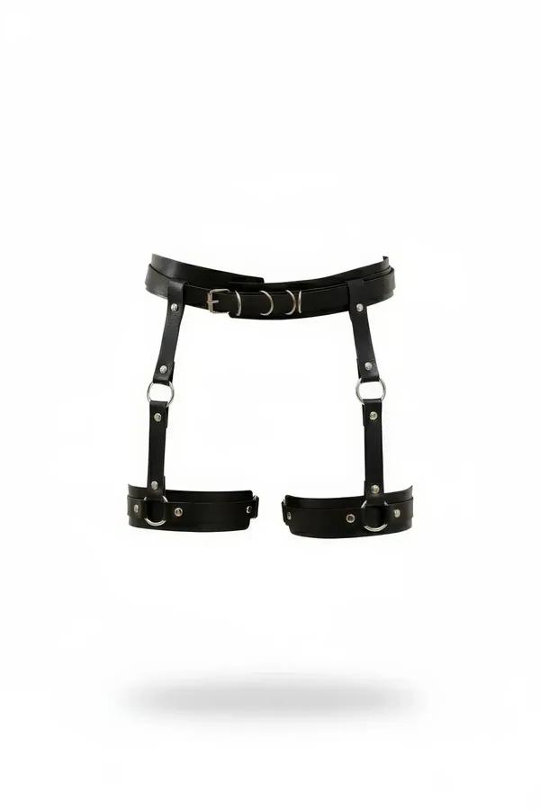 black faux leather garter harness with silver O-ring leg bands and adjustable waist belt, front view