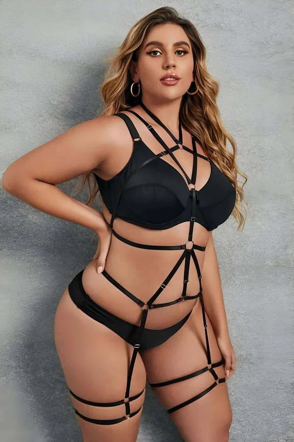 siyah elastik lastik body harness altın o-ring toka detaylı göğüs bel uyluk tam vücut bant tasarımı