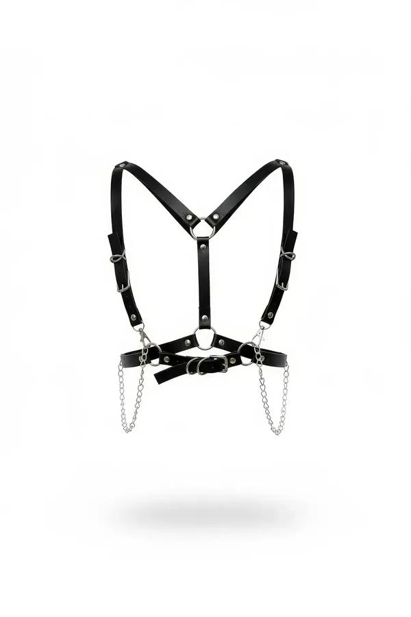 Siyah faux leather vücut kemeri gümüş zincir detaylı Y-omuz şeritli harness aksesuar