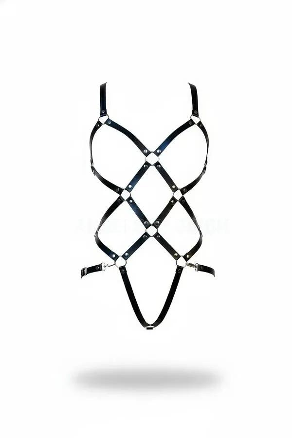 black faux leather strappy cage body harness with silver O-rings diamond crosshatch pattern front view