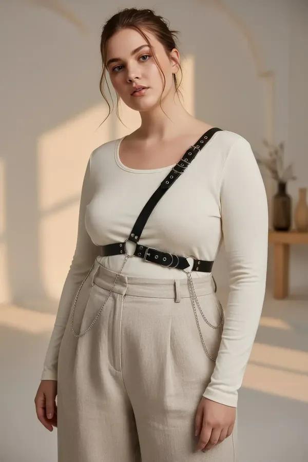 black faux leather single shoulder harness belt with silver chains and o-ring worn over white tank top