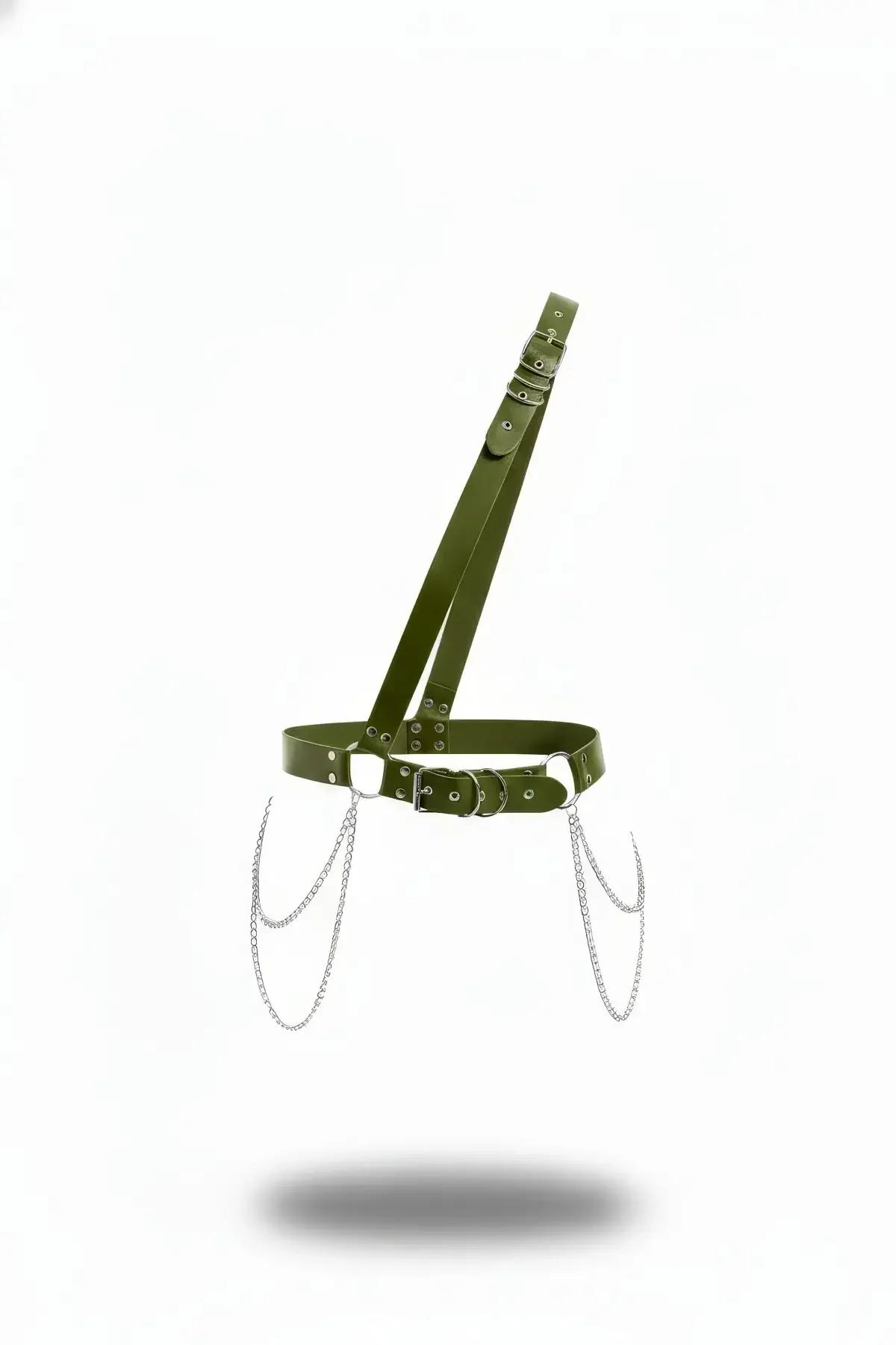 Olive vegan leather asymmetric shoulder harness with single diagonal strap, double silver buckles, and draped silver link cha
