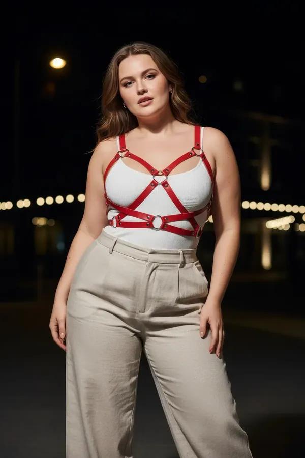 Red faux leather cage chest harness with three silver O-rings worn over a cream ribbed top, plus size model