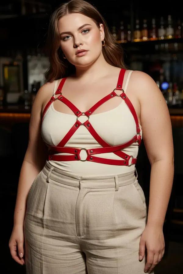 Red faux leather cage chest harness with three silver O-rings worn over a cream ribbed top, plus size model