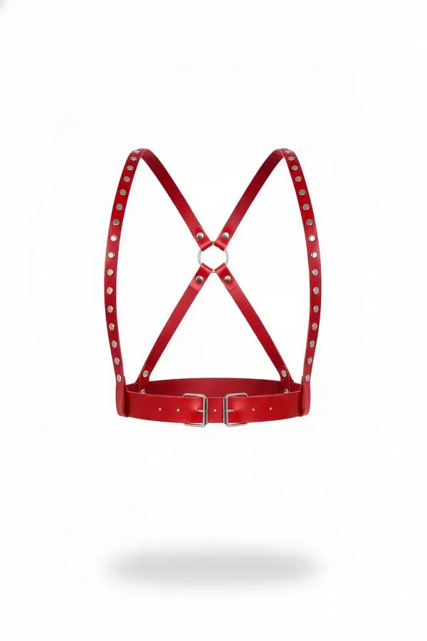 kırmızı vegan deri zımba detaylı vücut harness kemeri X çapraz bantlar gümüş O-halka çift toka