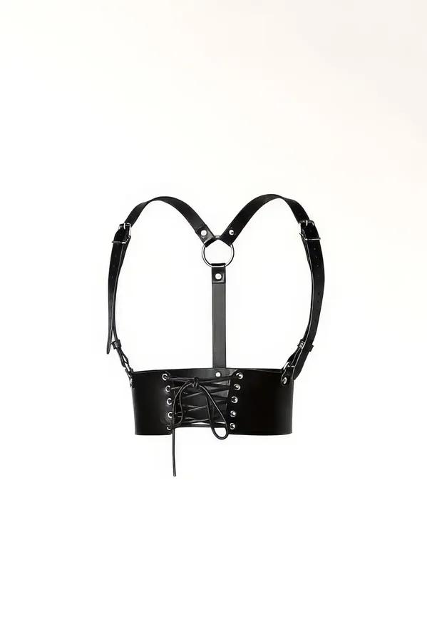 siyah faux leather bağcıklı korse bel kemeri O-ring omuz askılı harness aksesuar