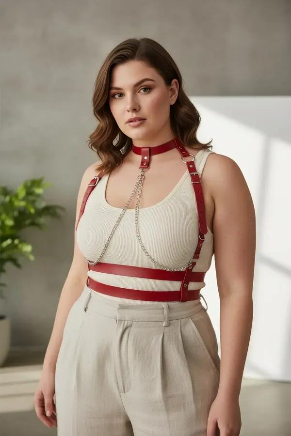 red faux leather chest harness with silver chains and integrated choker worn over white tank top