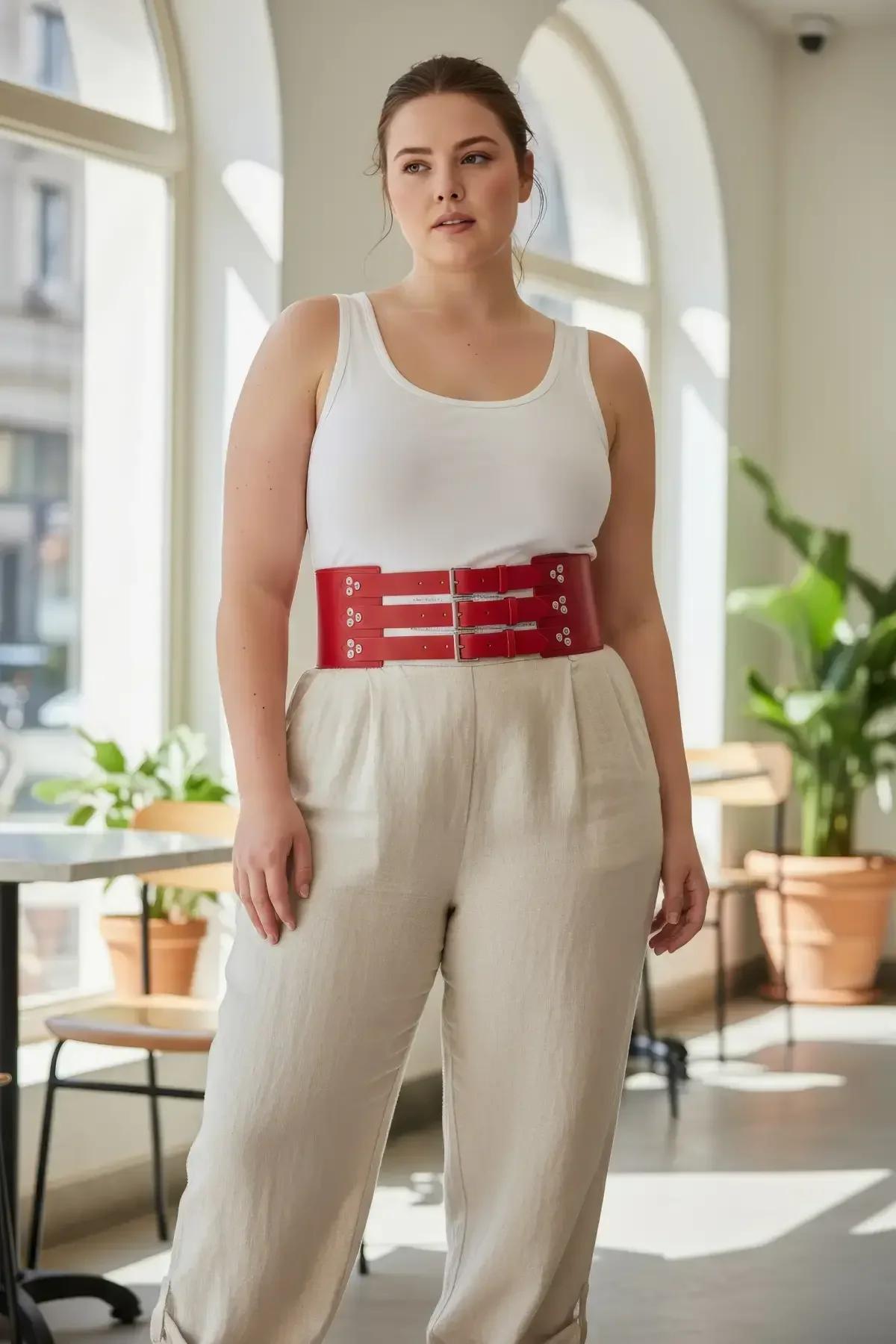 red faux leather wide waist cinch harness belt with three silver double-bar buckle straps on plus-size model