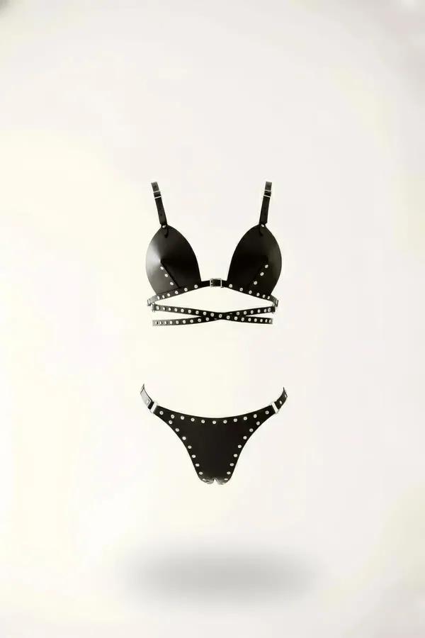 studded black faux leather bra and thong harness set with silver dome studs and crossover underbust band