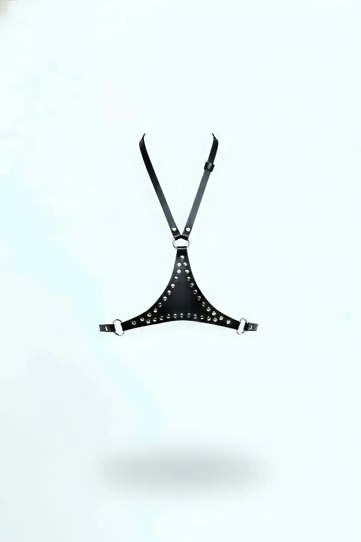 Black faux leather chest harness with silver dome studs triangular panel and three O-ring accents adjustable shoulder straps