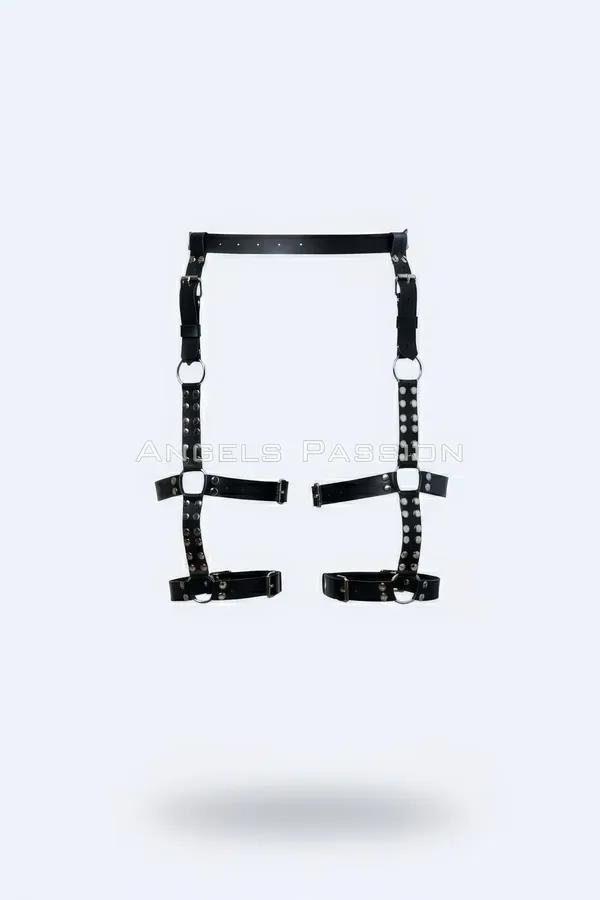 black faux leather leg harness with silver studs and O-rings, adjustable buckle thigh cage, front view