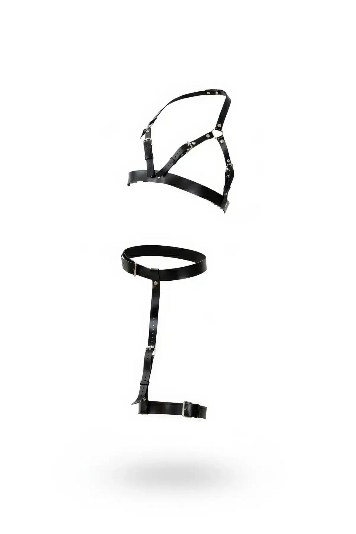Siyah vegan deri göğüs harness ve bacak jartiyeri 2'li set, gümüş metal toka detayı