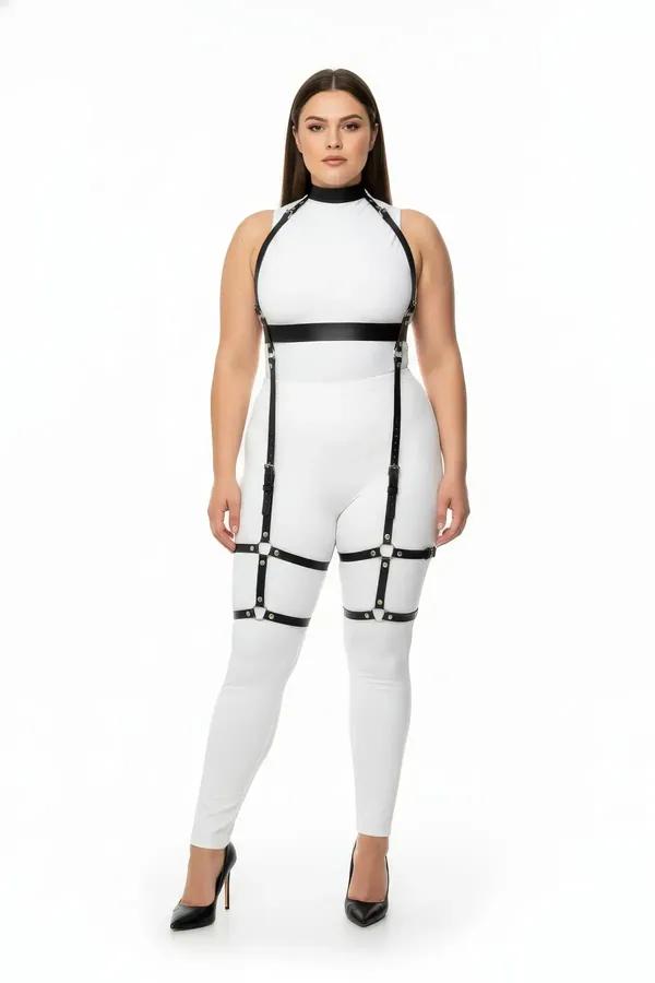 Black faux leather full body harness with halter neck collar, underbust band, vertical torso straps and cage-style thigh gart