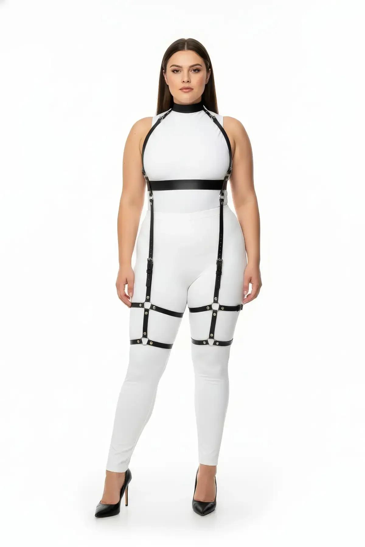 Black faux leather full body harness with halter neck collar, underbust band, vertical torso straps and cage-style thigh gart