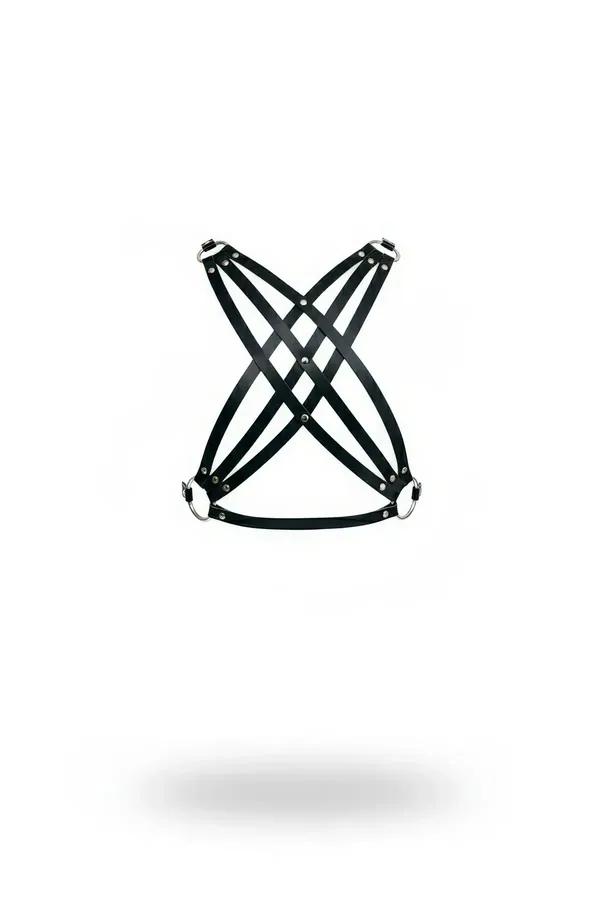 black faux leather cross chest harness with four intersecting X-pattern straps and silver O-ring hardware