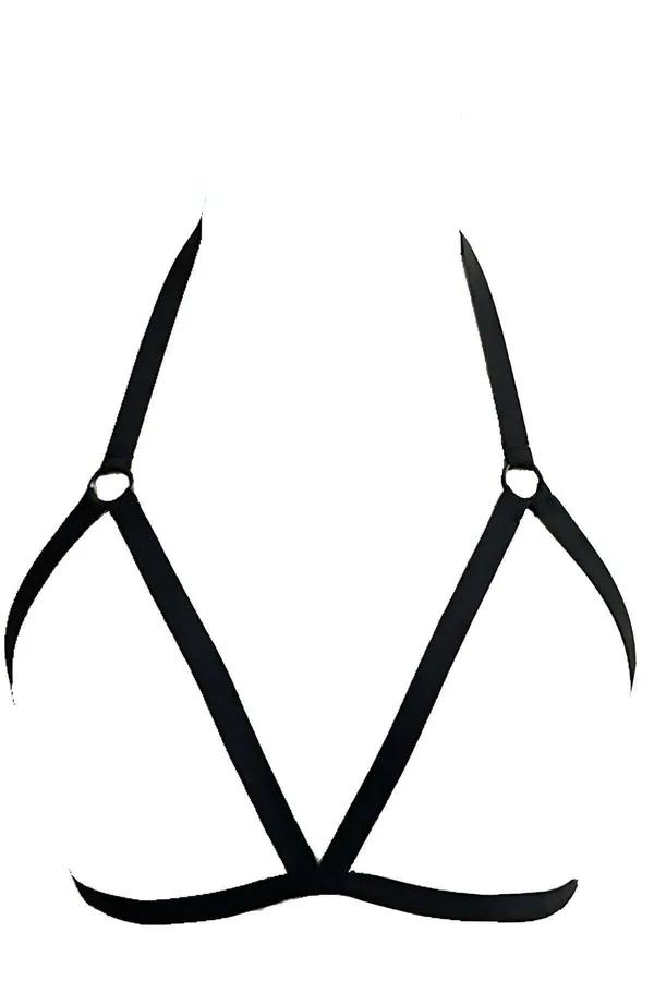 siyah elastik göğüs harness gri top üzerinde O-ring metal halka detaylı ince bantlar