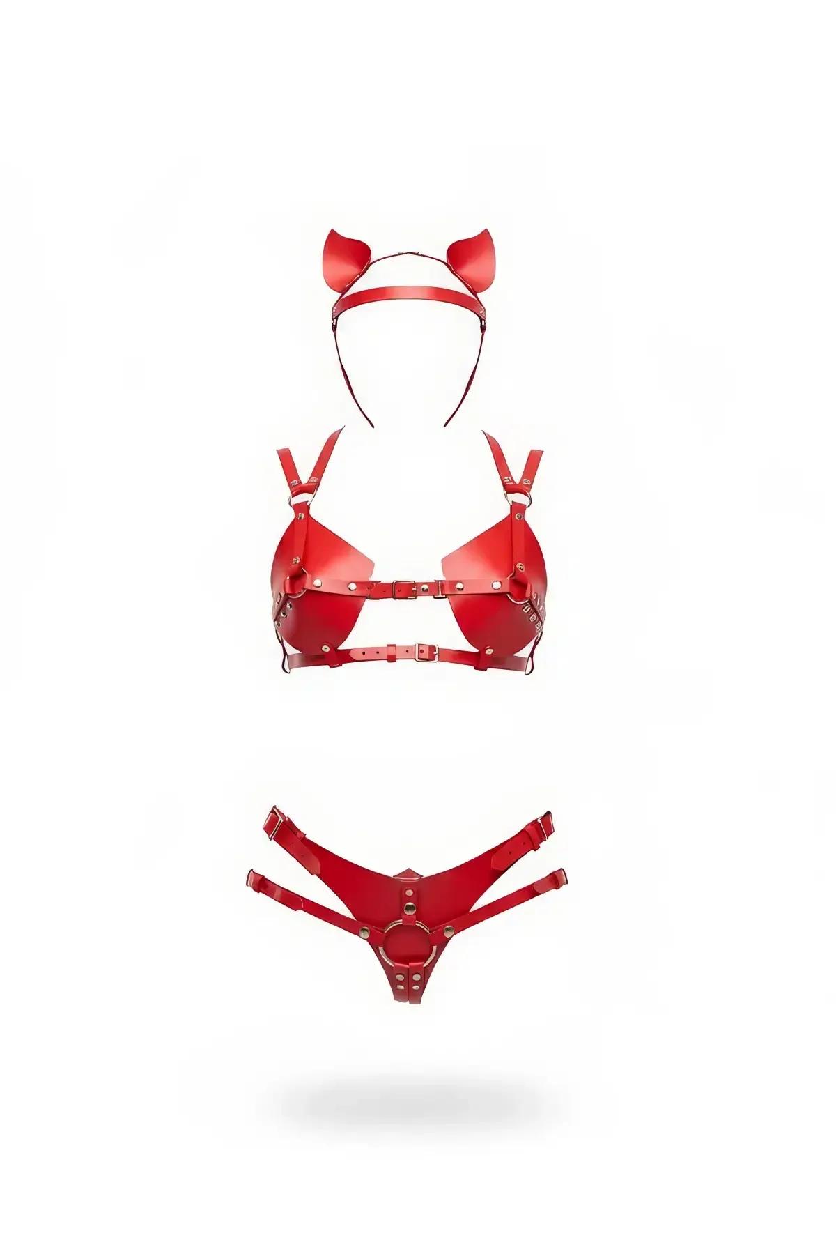 Red faux leather harness bralette and strappy o-ring panty set with matching cat ear headband, gold-tone hardware