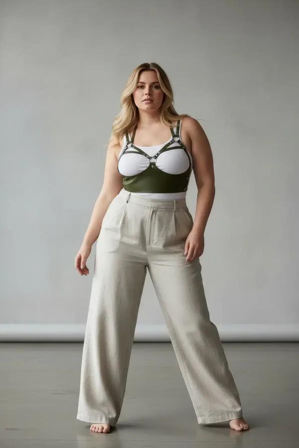 büyük beden haki vegan deri harness gümüş perçin detaylı O-ring vücut kuşağı kadın