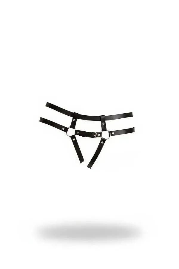 black faux leather thong harness with dual waistbands, silver pentagon O-ring hardware, and rivet studs