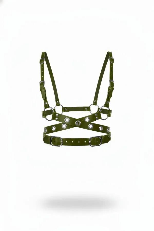 olive green faux leather caged chest harness with silver eyelets O-ring and adjustable buckle waistband