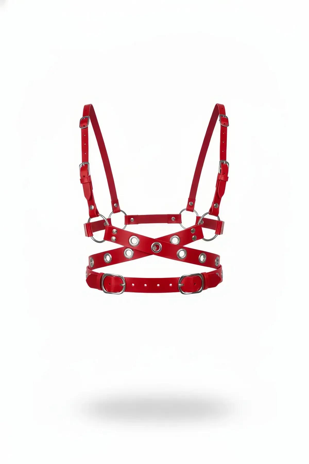 Red faux leather chest harness with silver O-rings grommet cross-strap panel and adjustable buckle waist band