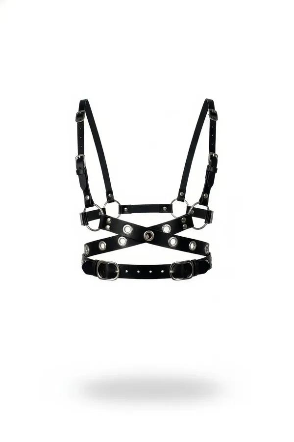 siyah vegan deri çapraz X bantlı vücut aksesuarı gümüş O-halka ve toka detayı kadın kemer harness